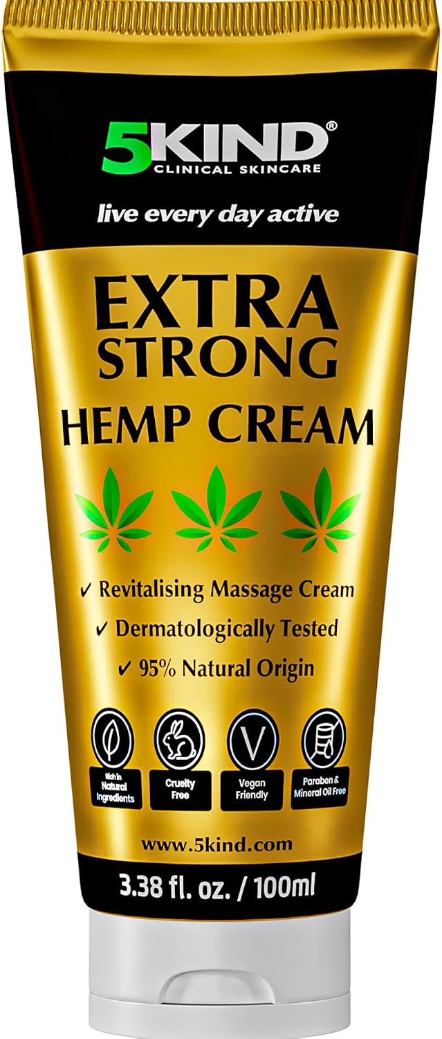 5Kind Extra Strong Hemp Cream 100ml High Strength Hemp Oil and Arnica Cream | For Massaging Joints & Muscles, Lower Back, Feet, Knees, Neck & Shoulders - Rich in Natural Extracts
