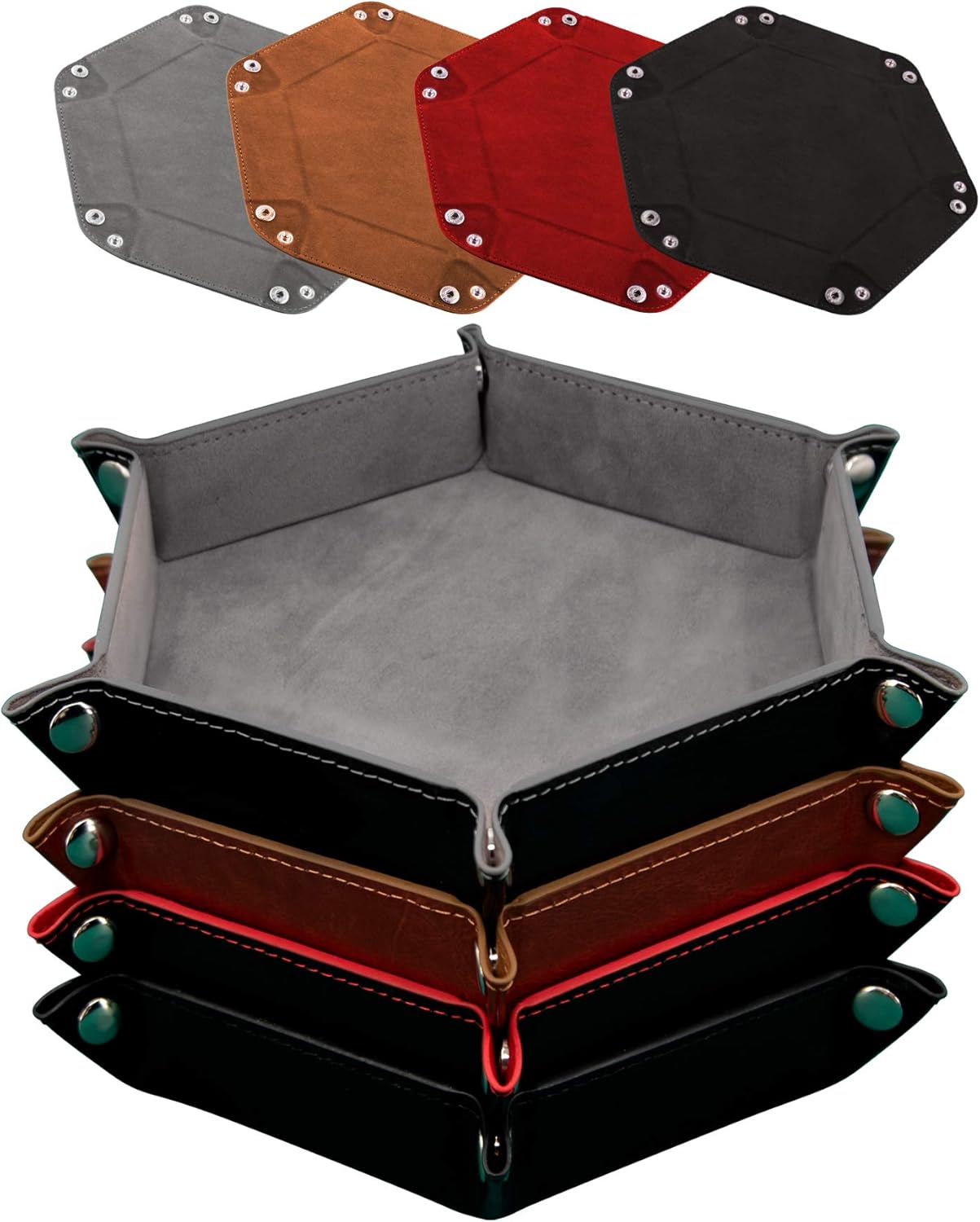 SIQUK 4 Pieces Dice Tray Hexagon Dice Rolling Holder Folding PU Leather Dice Trays for Dice Games Like RPG, DND and Other Table Games (Gray, Camel, Red and Black)