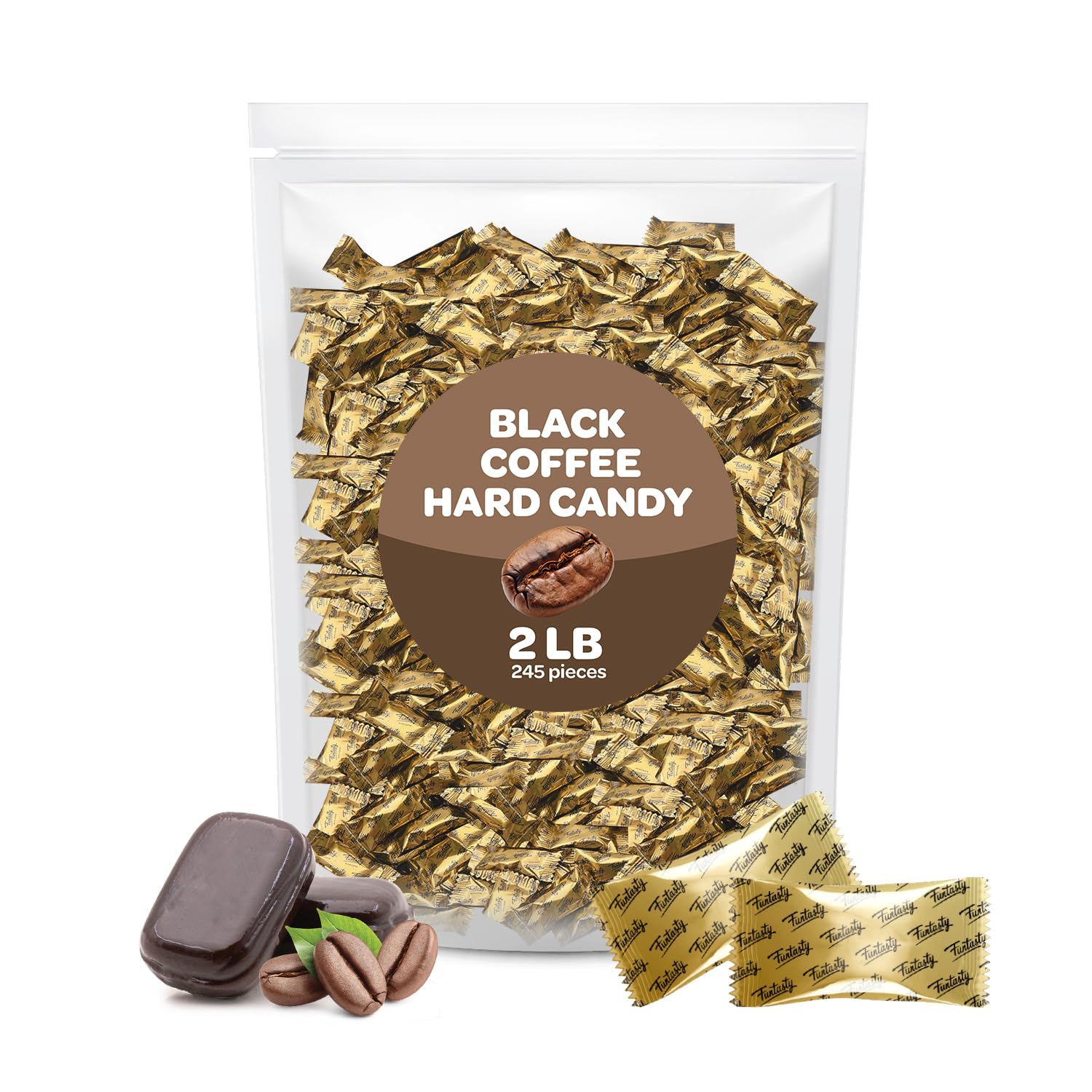 Black Coffee Flavored Hard Candy - 2 Pound Bulk Pack (About 245 Count) - Contains Caffeine - Individually Wrapped