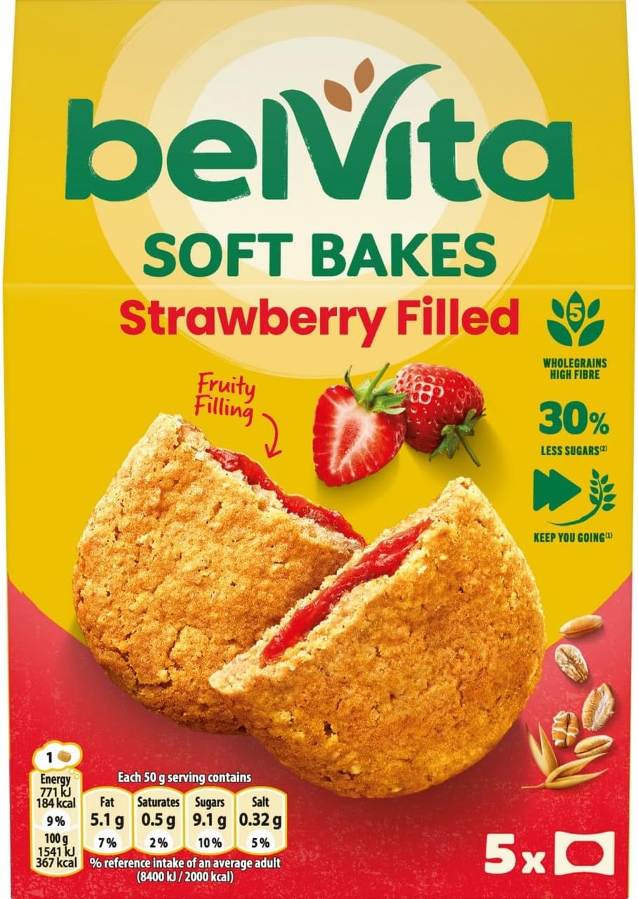 Belvita Breakfast Biscuits Soft Bakes Filled With Strawberry, Delicious Strawberry Filled Biscuits, 5 x 50 g Biscuits (Pack of 1)