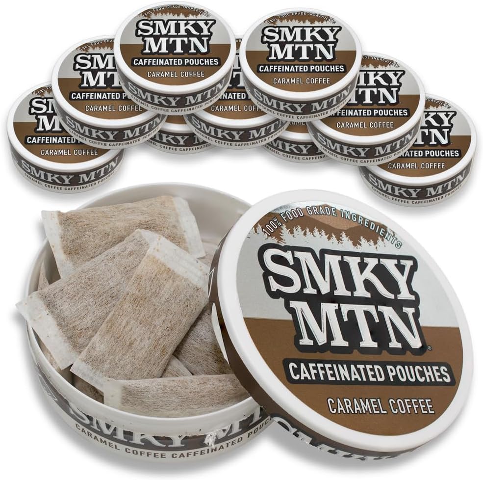 Smokey Mountain Caffeinated Pouches - Caramel Coffee - Tobacco Free and Nicotine Free - 10 cans - 15 Pouches Per Can