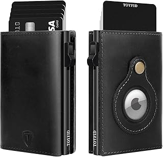 Minimalist Wallet for Men - Pop Up Wallet with Holder for AirTag,Men's Slim Wallet,Card Holder Case Wallet Genuine Leather,RFID Blocking,ID Window,Magnetic Closure,Cash Credit Cards Wallet (Black)