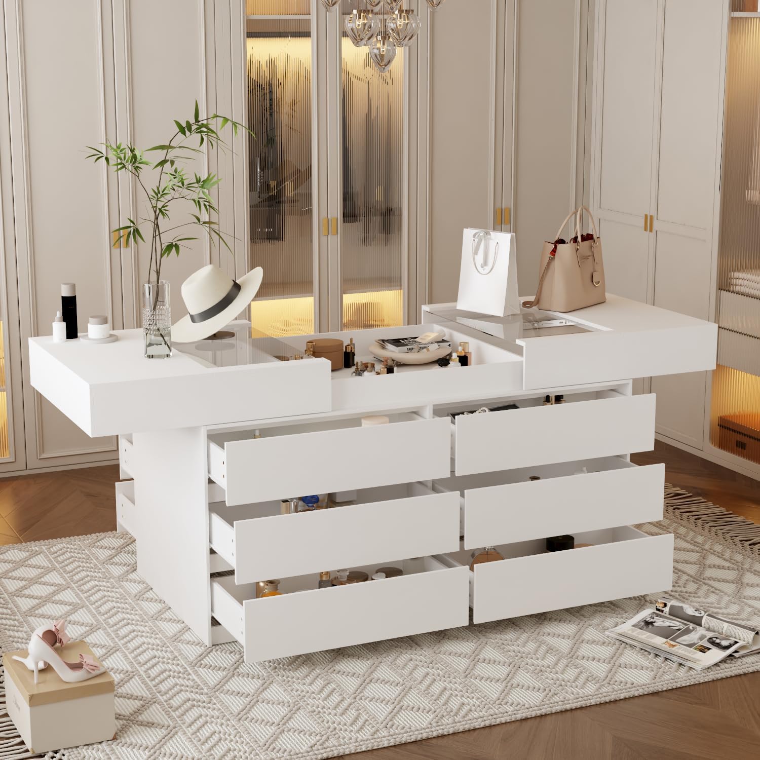 63" W Glass Display Cabinet, Walk in Closet Island for Retail, Jewelry Organizers Storage with 12 Drawers & Pull-Open Top, Collectibles Cabinet Showcase for Cloakroom Shop, White