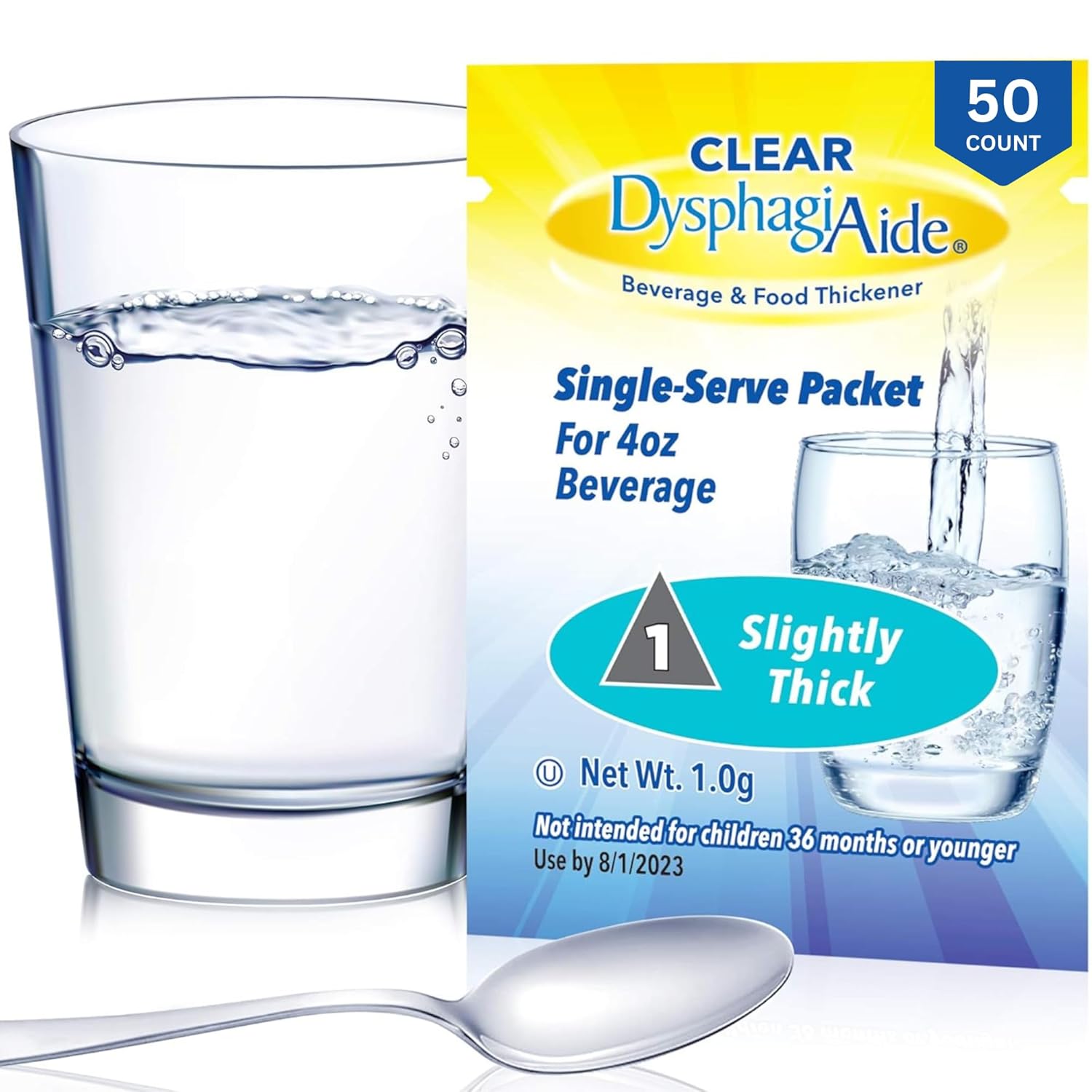 CLEAR DysphagiAide® Instant Beverage and Food Thickener, Box of 50 Single Serve Packets Level 1- Slightly Thick (Thin Nectar)