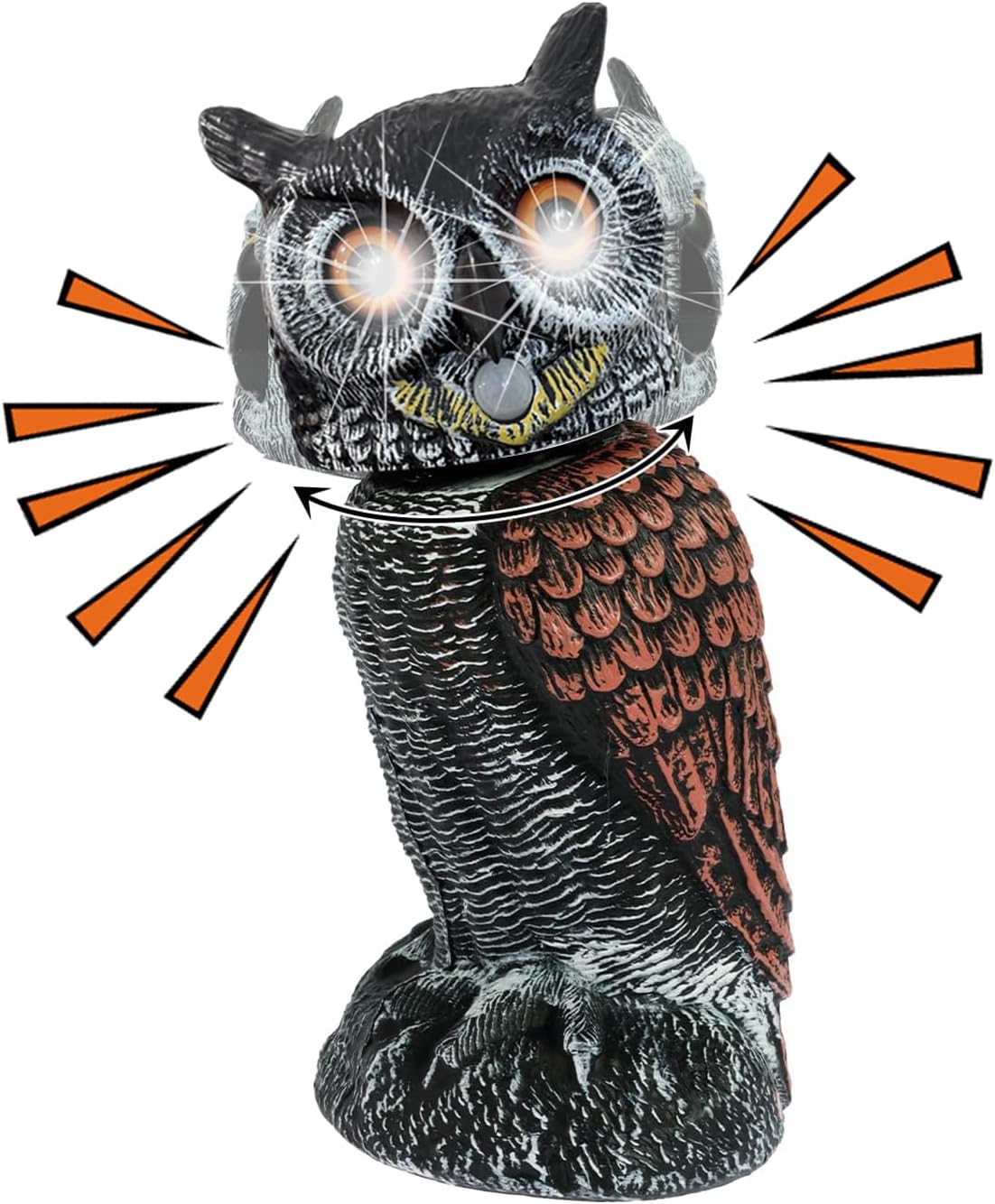 Solar Powered Moving Head Owl Bird Scarer, Owl Decoy To Scare Squirrels Rats Pigeons with Sound and Reflective Eyes, Realistic Owl Scarecrow Birds Deterrent Garden Outdoor Ornaments