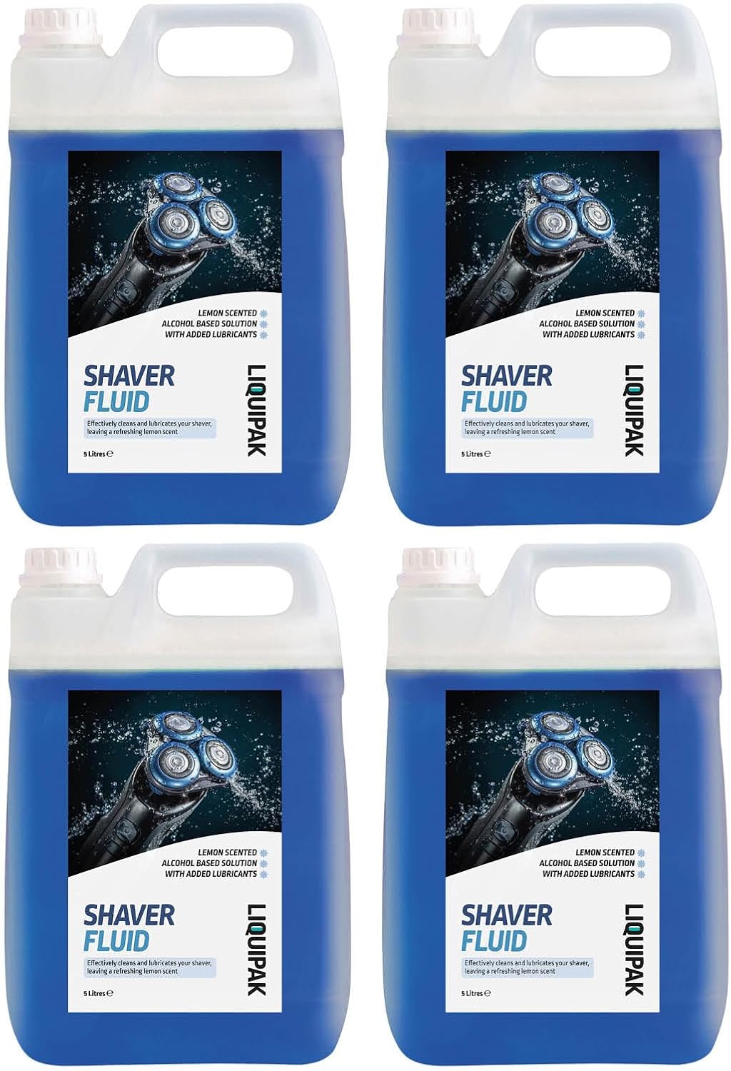 Liquipak Shaver Fluid 4 x 5L – Lemon Scented, Fast-Drying Alcohol-Based Cleaner with Lubricants for Electric Shavers, Deep Cleaning & Fresh Fragrance