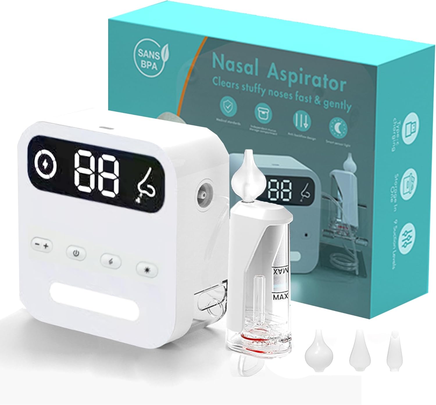 Electric Nasal Aspirator with Storage Box,Baby Nose Sucker for Babies,Electric Nose Suction for Baby,3 Silicone Tips,9 Suction Levels,Light Function,Anti-Reflux (BNA-03)