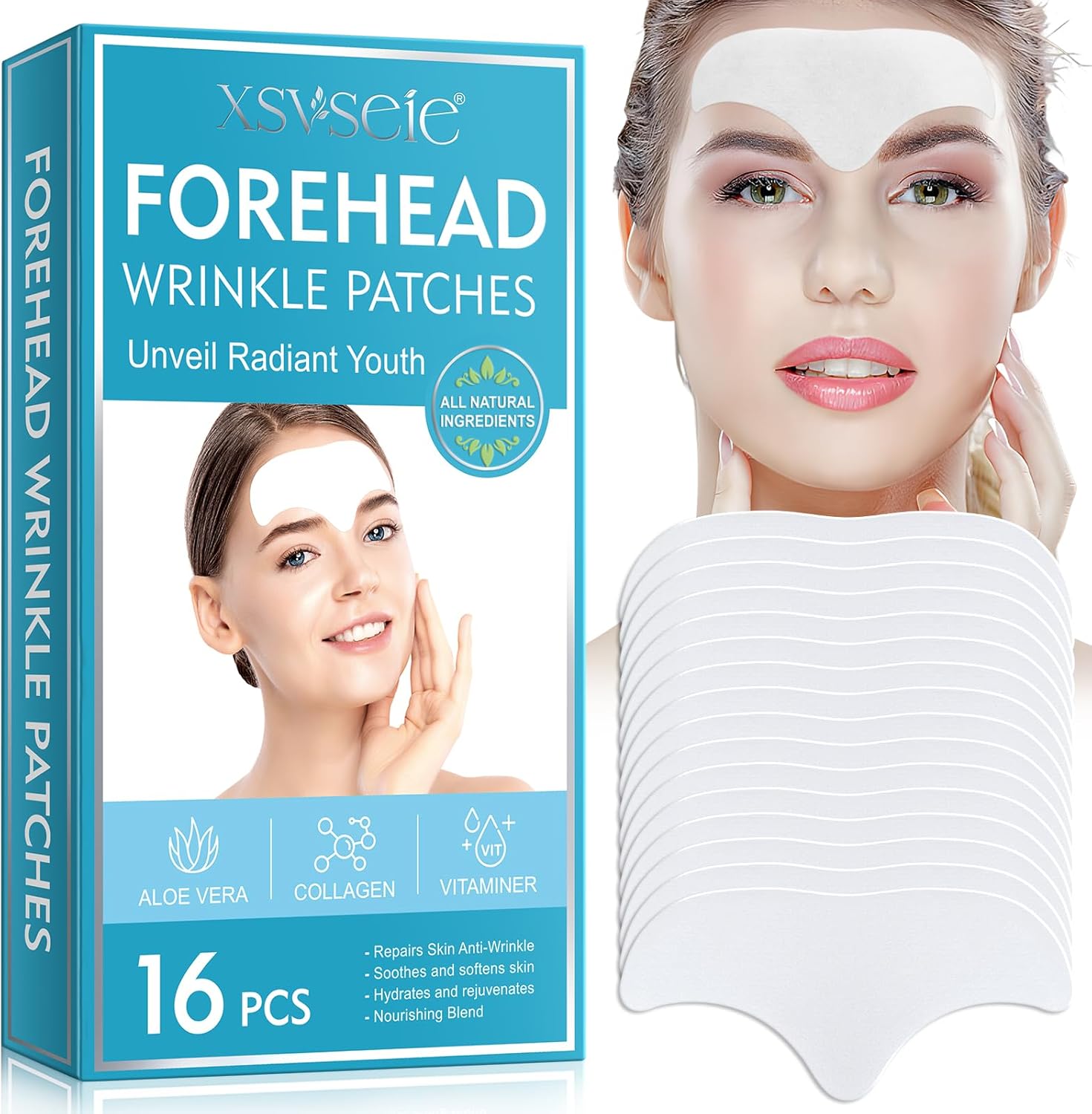 16PCS Forehead Wrinkle Patches, Collagen Forehead Anti Wrinkle Patches with potent anti-aging agents, for Fine Lines & Frown Lines,Moisturizing forehead & between eyes (16PCS)