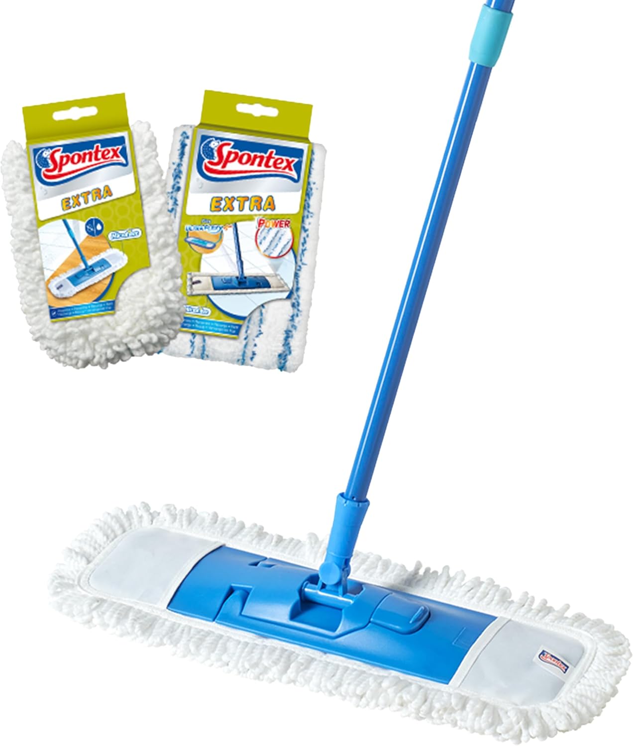 Spontex Extra Flat Mop | Versatile Microfibre Mop for Wet & Dry | Adjustable Length (80-140cm) | Cleans Laminate, Wood & Tile Flooring | 2 x Refills