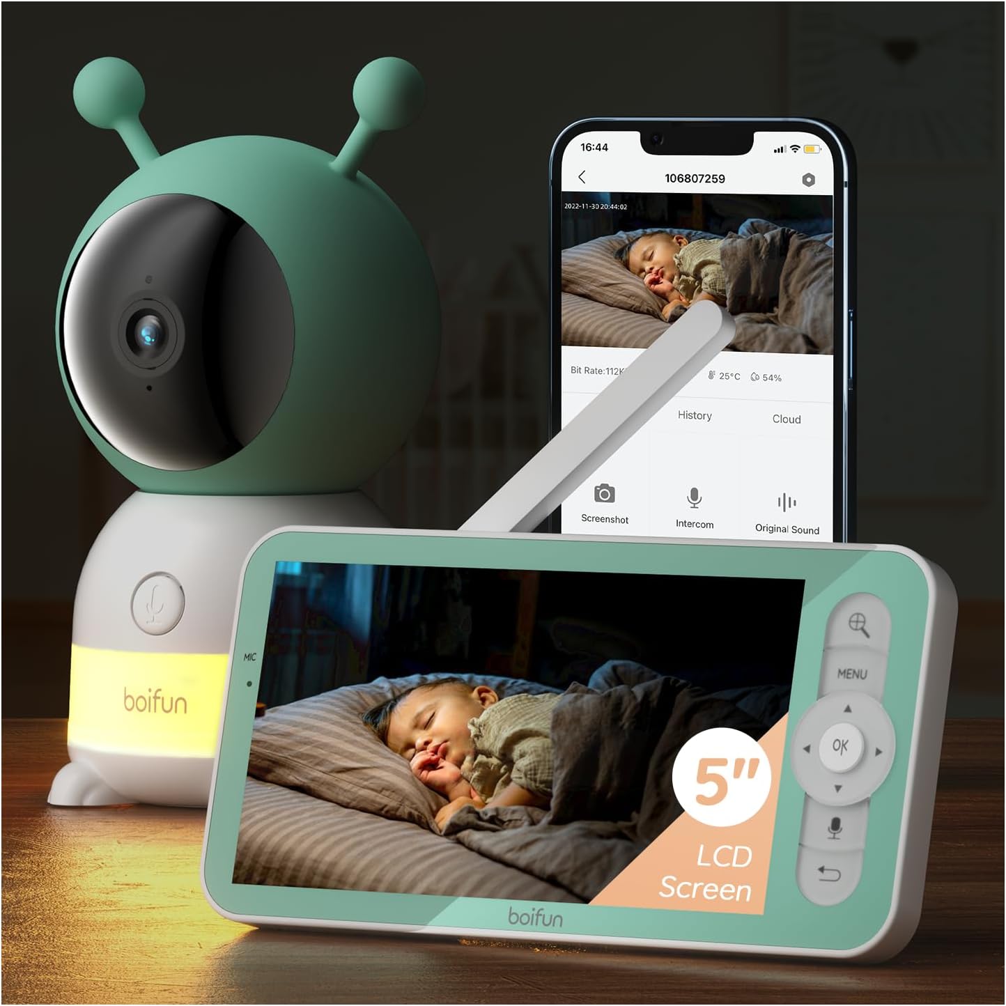 Boifun 2K Wifi Video Baby Monitor, App & 5'' Screen Control, Night Light, Motion&Cry Detection, PTZ, Auto Tracking, 3000mAh Battery,Humidity & Temperature Sensor, Baby Monitor with Camera Night Vision