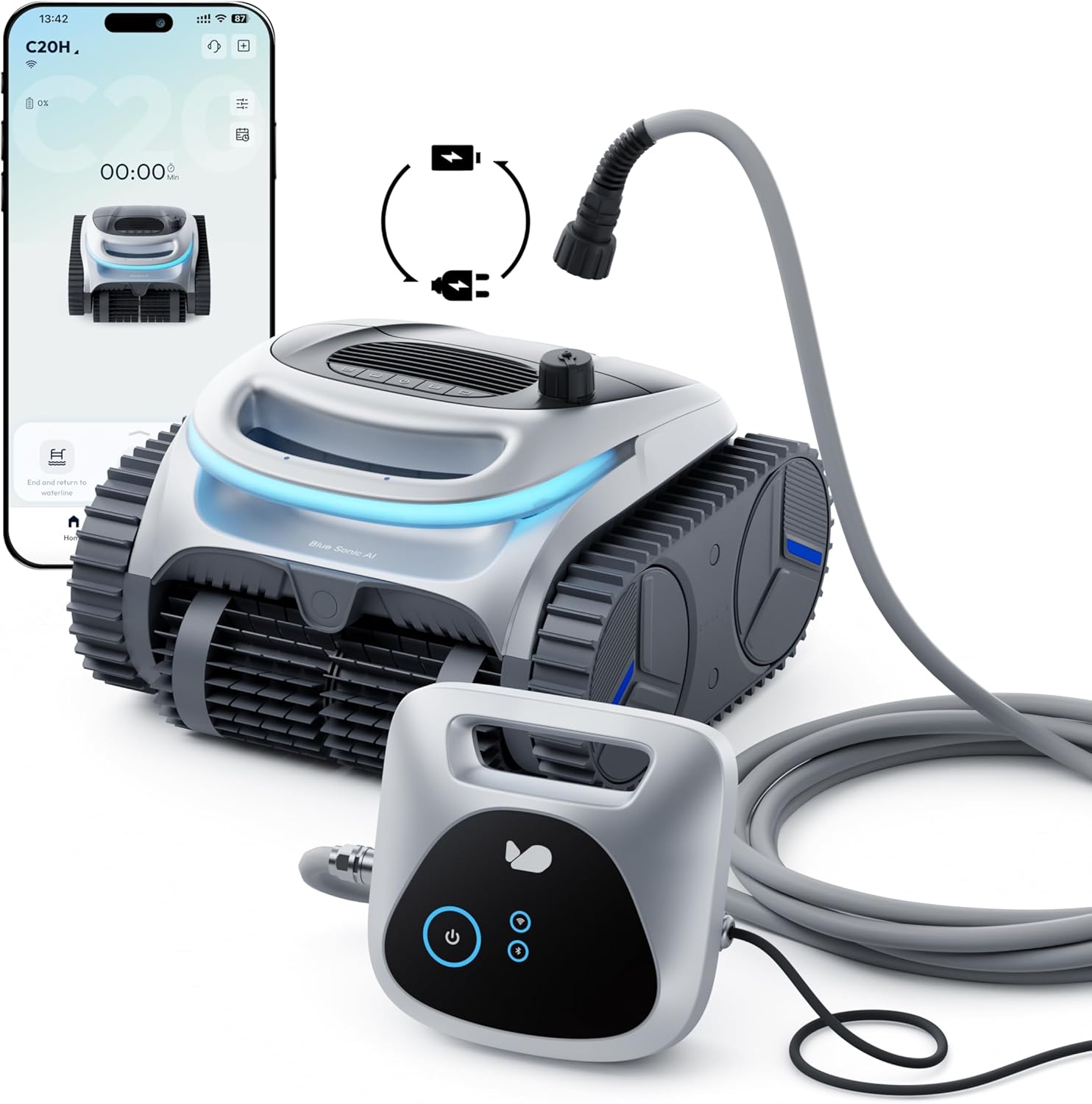 C20H Robotic Pool Cleaner, Corded & Cordless - Hybrid Pool Vacuum Robot, Superior Suction, Smart Navigation, APP Control, Floor/Wall/Waterline, for Above & In-ground Pools up to 1,615 Sq.Ft