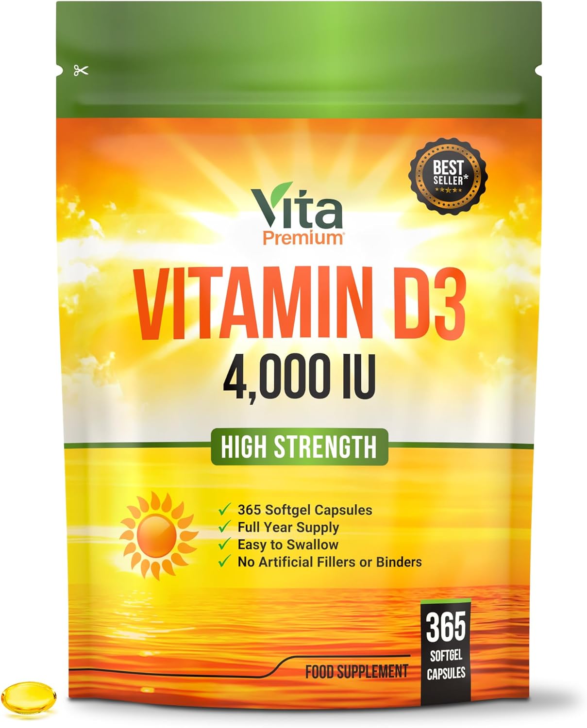 Vitamin D 4,000 IU Softgels, Maximum Strength Vitamin D3 Supplement, 365 Easy to Swallow Softgels (Not Tablets) - Full Year Supply