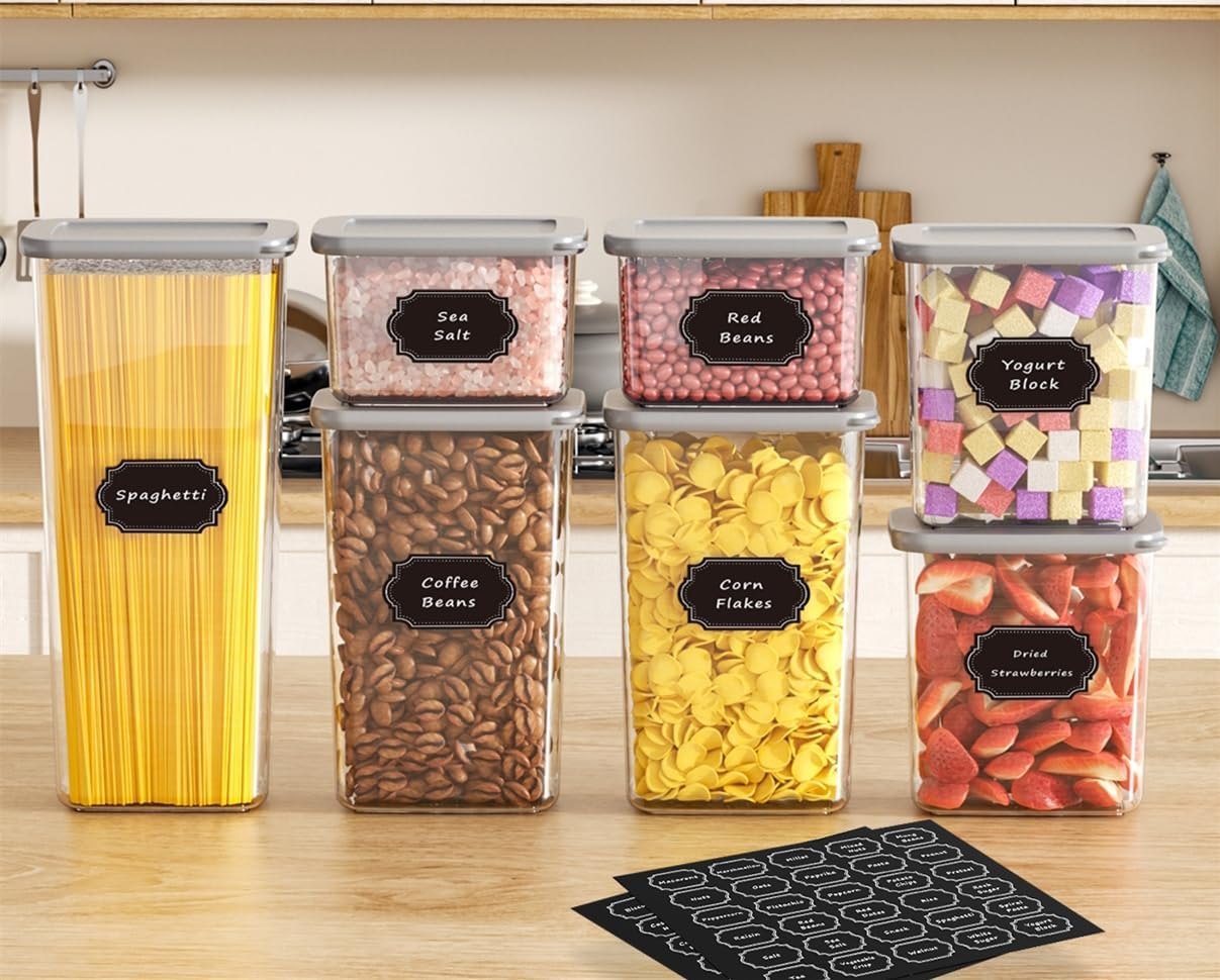 Airtight Food Storage Containers With Lids 7pcs Organization Canisters Kitchen Bpa Free Plastic Pantry Containers Storage Set for Pasta, Cereal, Dry Food, Flour and Sugar-60 Labels