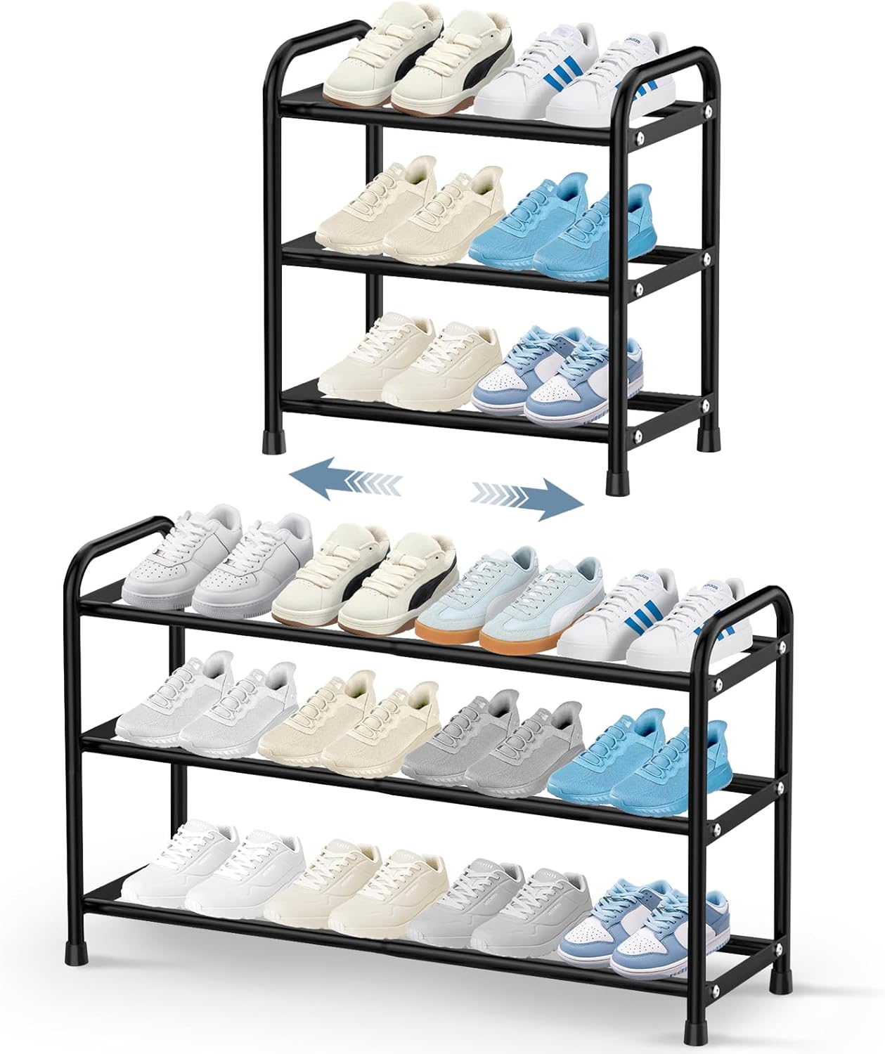 3 Tier Expandable Shoe Rack, Adjustable Shoe Storage, Metal Shoe Rack Small, Sturdy Narrow Shoe Racks, Free Standing Shoes Shelf Stand Organiser for Closet Wardrobe Entryway, Quick Assembly