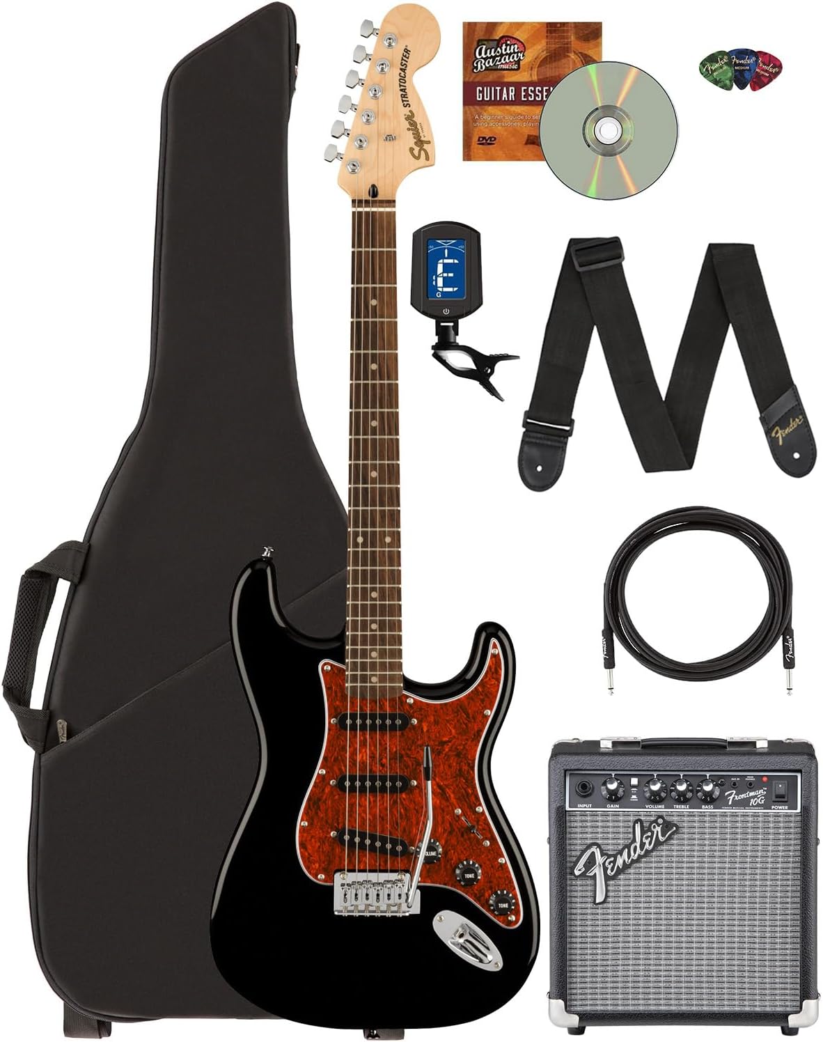Fender Squier Affinity Stratocaster - Limited Edition Black, Bundle with Frontman 10G Amplifier, Gig Bag, Tuner, Instrument Cable, Strap, Picks, and Austin Bazaar Instructional DVD