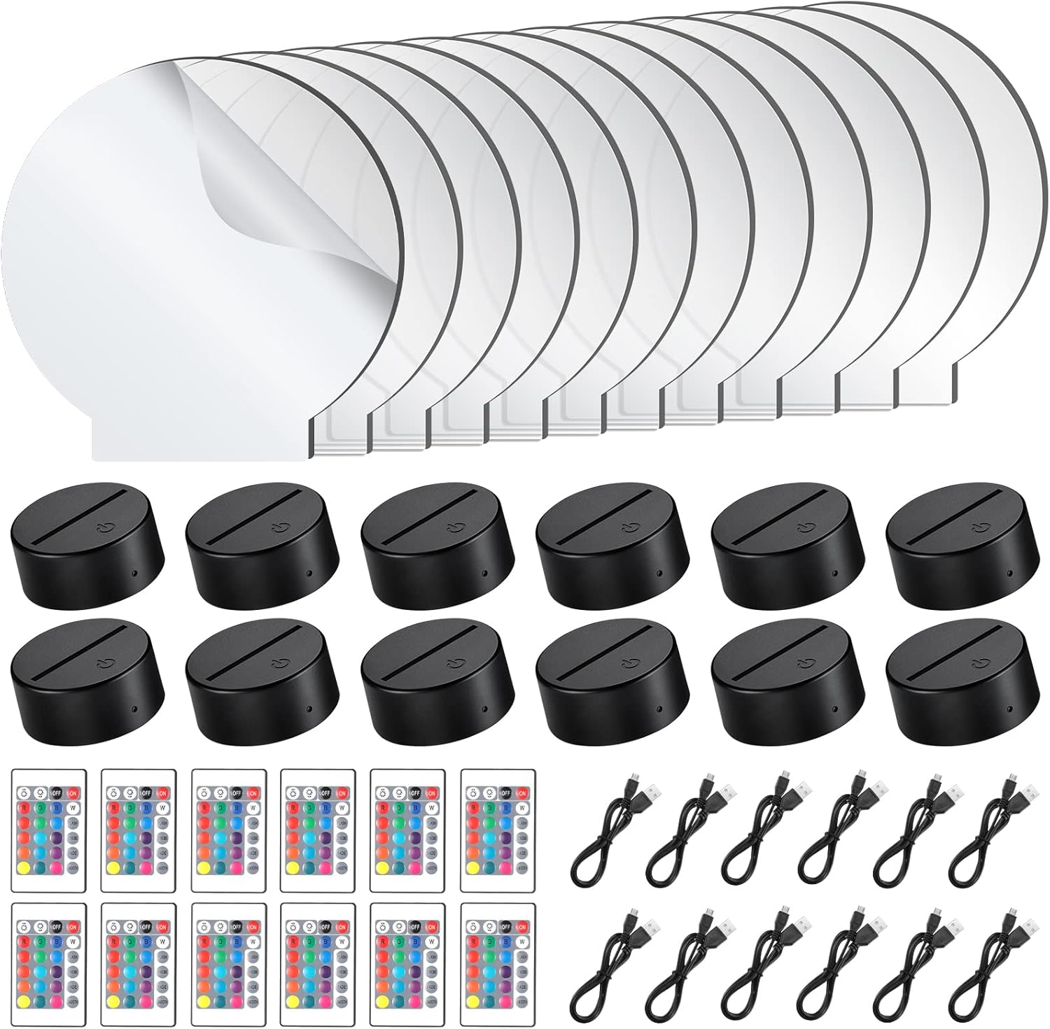 12 Pieces Clear Acrylic Sheets and 12 Pieces 3D Night LED Light Lamp Base with Remote Control and USB Cable, DIY Acrylic Lamp Base Set for Restaurant Bar Cafe Shop Room Decoration (Round)
