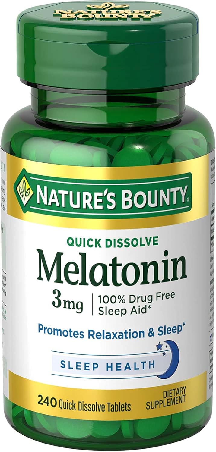 Nature’s Bounty Melatonin 3mg, 100% Drug Free Sleep Aids for Adults, Supports Relaxation and Sleep, Dietary Supplement, 240 Count (Cherry Flavour - Packaging May Vary)