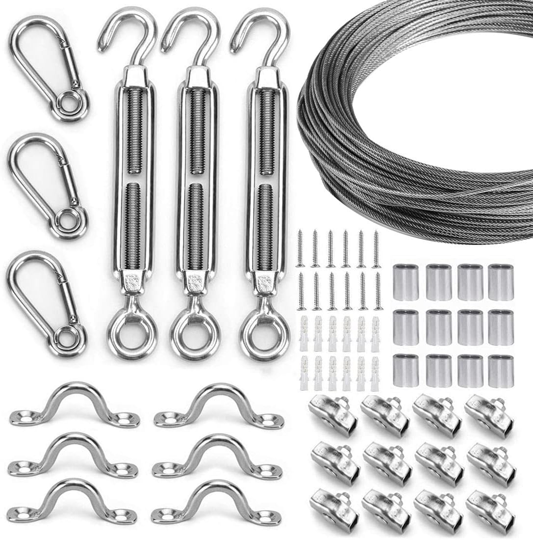 Globe String Light Suspension Kit, Outdoor Light Guide Wire, Vinyl Coated Stainless Steel Steel Cable,Include 150fts Transparent PVC and 304 Stainless Steel Wire Cable, Turnbuckle and Hooks