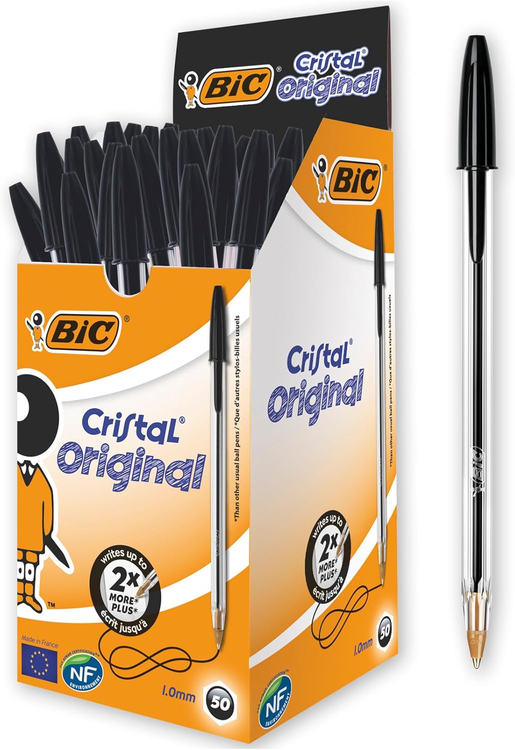 BIC Cristal Original Smudge Free Ballpoint Pens, Ideal for School, Black, Medium Point (1.0mm), Pack of 50