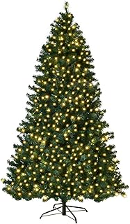 COSTWAY 7FT Pre-Lit PVC Artificial Christmas Tree Auto-Spread/Close up Premium Spruce Hinged w/ 300 LED Lights & Metal Stand, Green (7 FT)