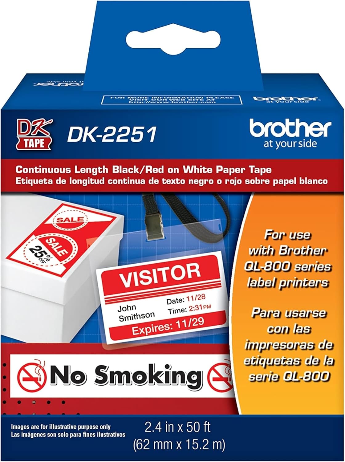 Brother Genuine DK-2251 Continuous Length Replacement Labels, Black/Red Label on White Paper Tape, Engineered with Excellence, 2.4” x 50 feet, 1 Roll per Box
