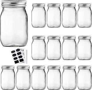 Accguan 16oz Glass Mason Jars with Regular Airtight Lids Ideal for Jam,Honey,Shower/Wedding Favors, Clear, 15 pack