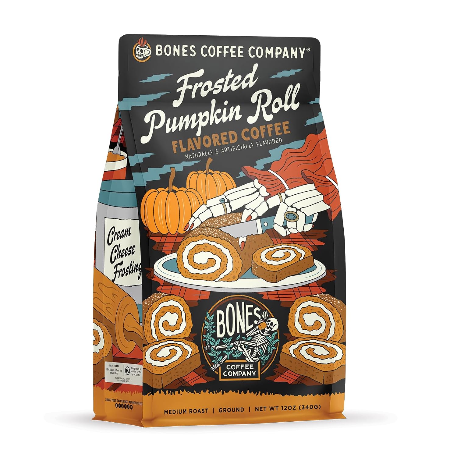 Bones Coffee Company Frosted Pumpkin Roll Flavored Coffee, Medium Roast Low Acid Arabica Beans Compatible with Auto drip and French Press Coffee Maker, 12 Oz Ground