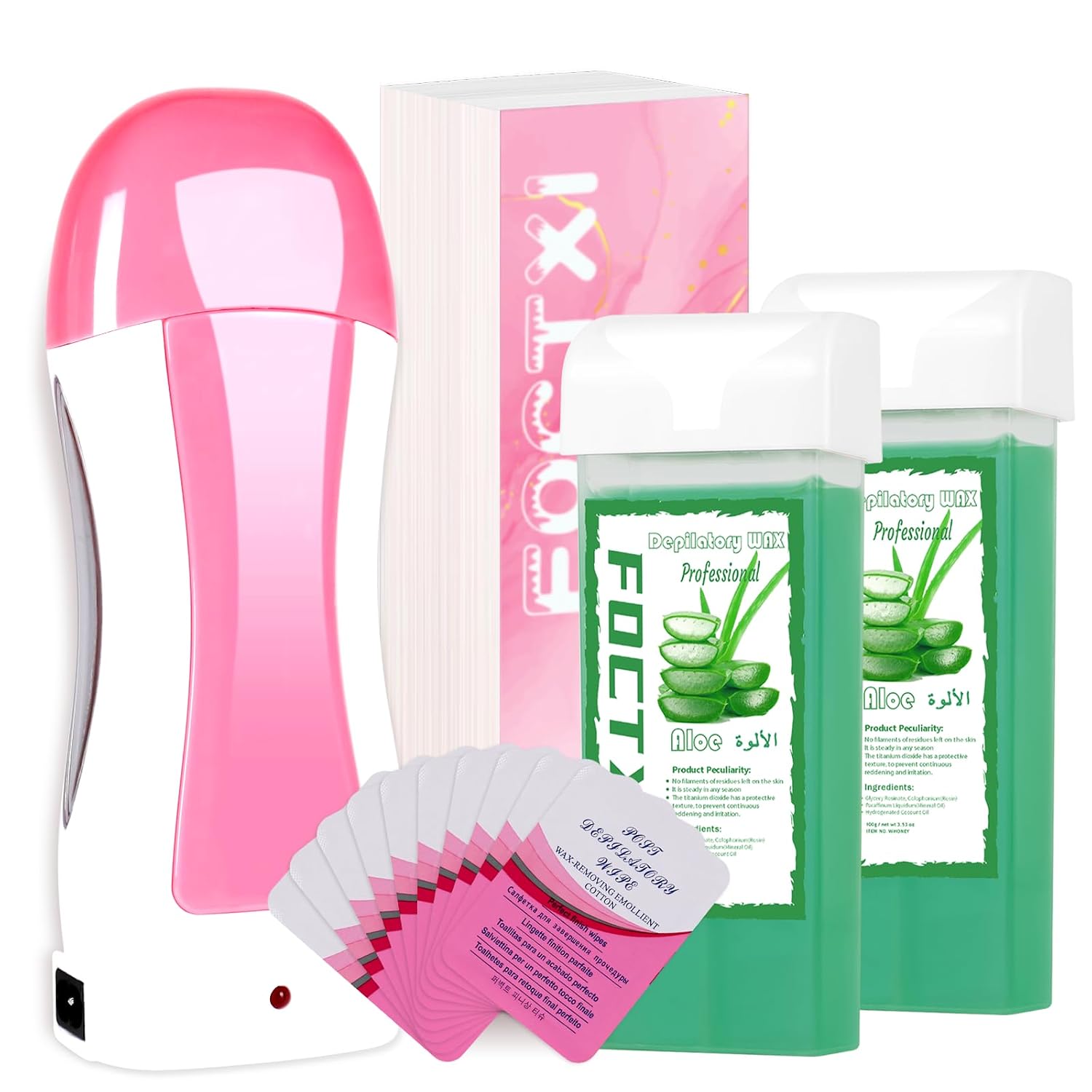 Roll On Wax kit, Wax Roller Kit for Hair Removal, Waxing Kit for Women All Skin Types with Ｗax Warmer, 2 Aloe Vera Ｗax Cartridge, 100 Non-Woven Ｗax Strips & 10 Wipes