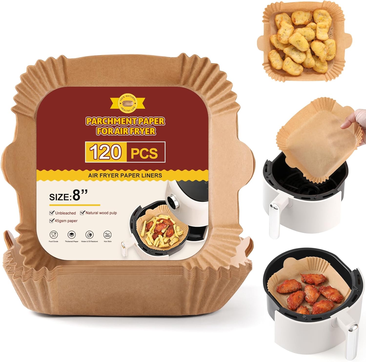120 PCS Air Fryer Disposable Paper Liner Square, 8-inch (Fit 5-8 QT) Non-stick Parchment Paper for Air Frying, Baking, Roasting Microwave, Unbleached Oil-proof Parchment Paper