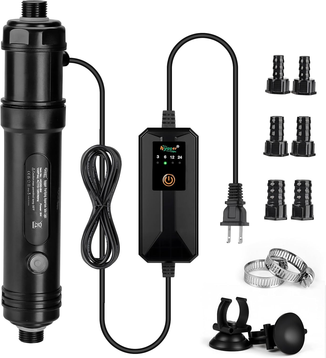 hygger Aquarium U-V Light with Time, 360° Protective Shield Clean Light for Green Water Clean, Amphibian Aquarium Lamp Bulb for Freshwater Saltwater Fish Tank and Aquarium (9W, 60-100 Gallon)