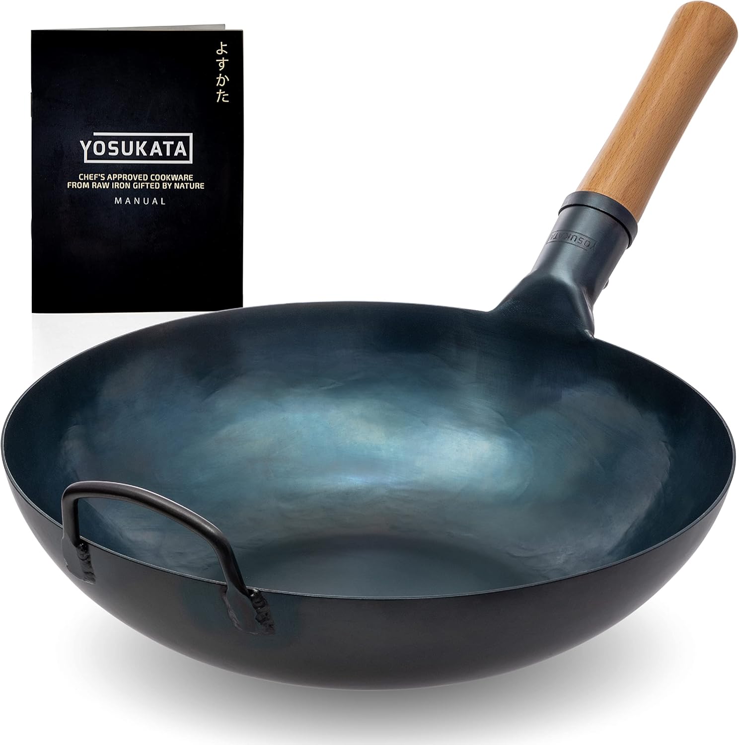 YOSUKATA Woks and Frying Pans 34 cm - Pre-seasoned Flat Bottom Wok - Blue Carbon Steel Wok - Wok for Induction, Electric Hobs, Gas and Open Fire - Traditional Chinese Wok
