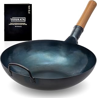 YOSUKATA Woks and Frying Pans 34 cm - Pre-seasoned Flat Bottom Wok - Blue Carbon Steel Wok - Wok for Induction, Electric Hobs, Gas and Open Fire - Traditional Chinese Wok