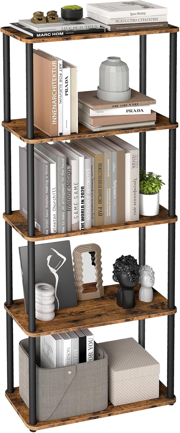VASAGLE Superfast Toolless Assembly, 5-Tier Storage Shelf, Standing Shelving Unit, 60 x 23.8 x 139 cm, Living Room, Bedroom, Kitchen, Rustic Brown and Ink Black LLS165K01