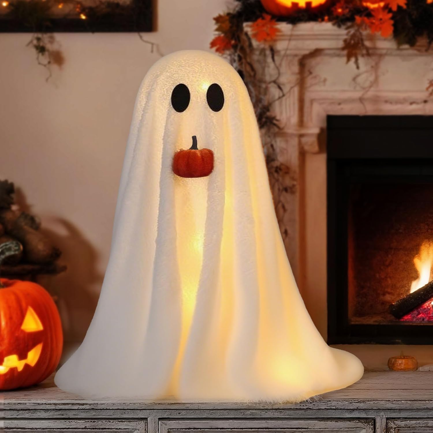 Halloween Ghost Decorations with Pumpkin, Halloween Light up Sherpa Ghosts Decor, Cute Ornaments for Party Home Bathroom Fireplace Mantel Office Table Indoor (1PCS)