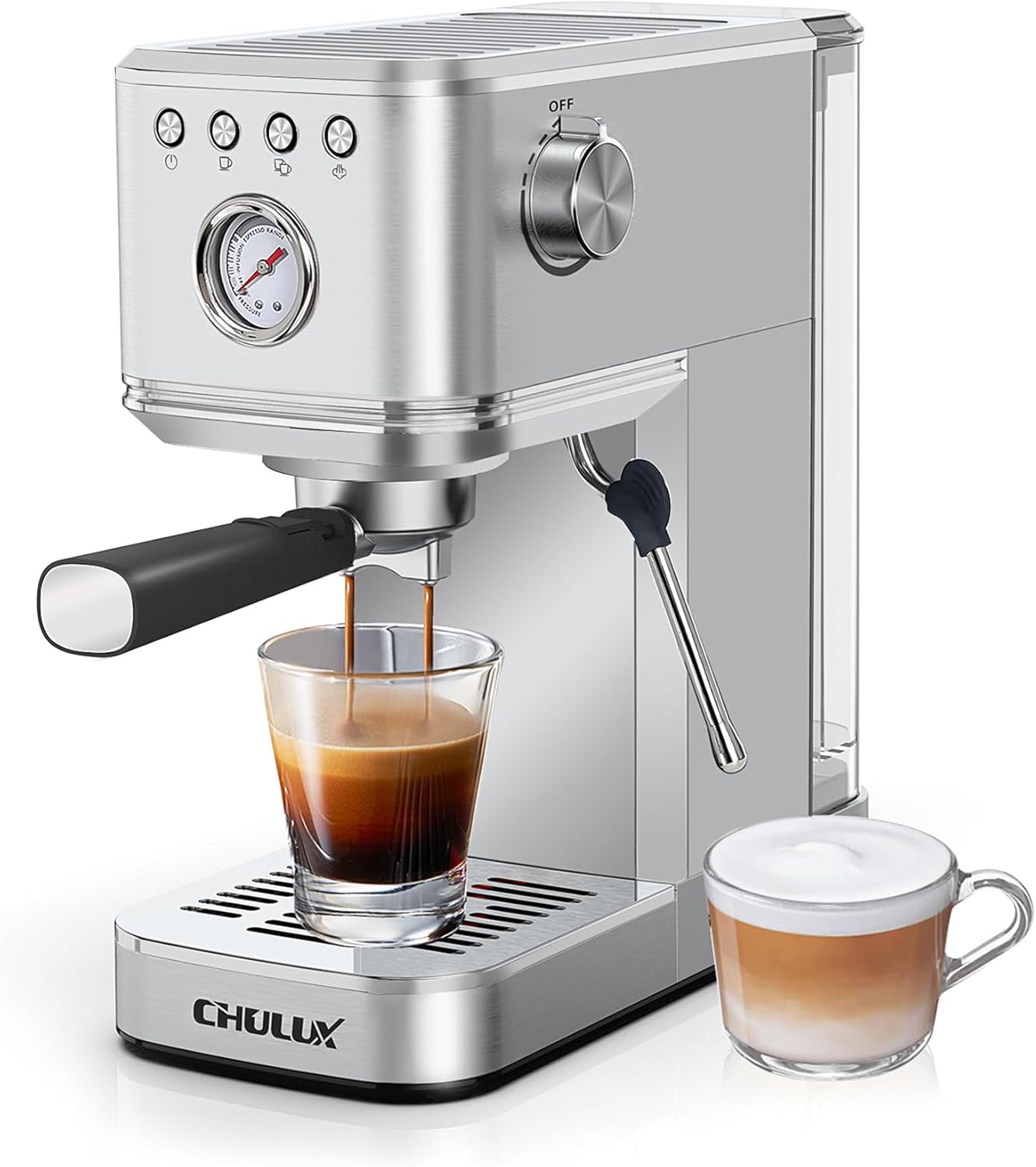 CHULUX Kompatto Espresso Machine 20 Bar with Milk Frother, Stainless Steel Automatic Espresso Coffee Machine for Home Latte & Cappuccino Maker, 40oz Removable Water Tank, 1350W