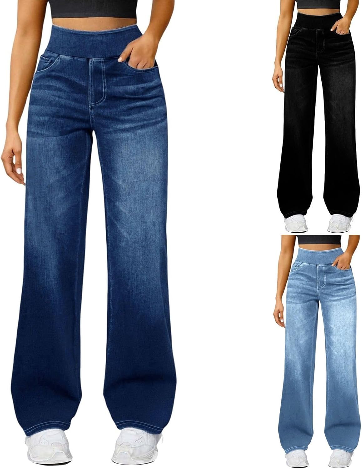 Wide Leg Jeans for Women UK Pull On High Waisted Stretchy Baggy Trendy Tummy Control Straight Leg Jeans Denim Pants with Multiple Pockets