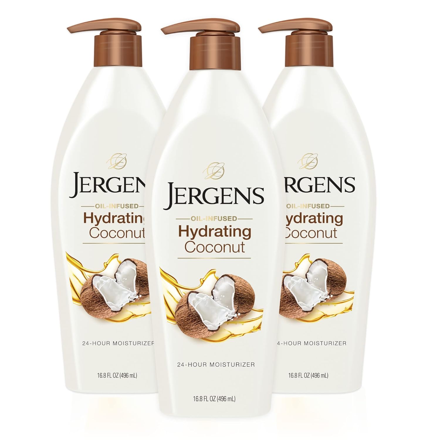Jergens Hydrating Coconut Body Lotion, Hand and Body Moisturizer, Infused with Coconut Oil, Hydrates Dry Skin Instantly, Dermatologist Tested, 16.8 oz, Pack of 3