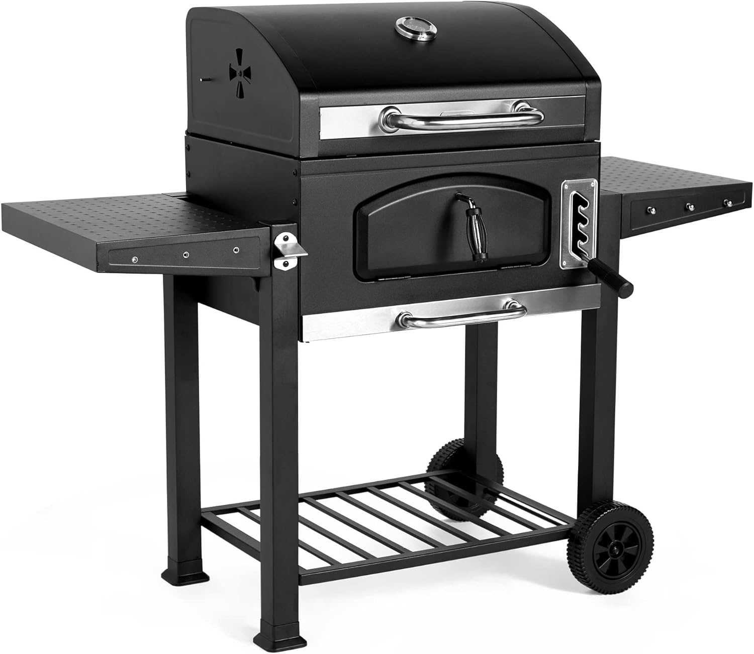 VonHaus Charcoal BBQ – XL Portable Barbecue with Warming Rack, Fold Down Shelves, Temperature Gauge, Wheels, Cooking Grill, Air Vents – 2 in 1 Barbeque and Smoker – Grill Meat, Fish & Vegetables