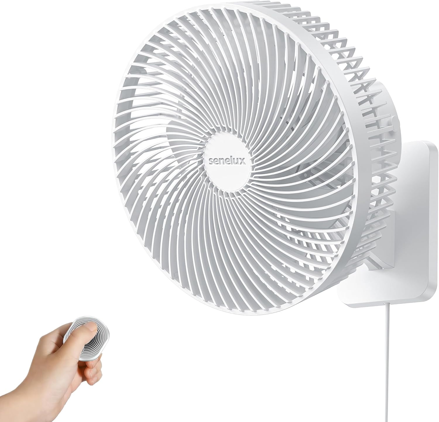 Senelux 10-Inch Oscillating Wall Mounted Fan with Remote Control, High Performance 4 Speed Settings, Adjustable Tilt, 1.8m Cable, Ultra Quiet, Ideal for Bedroom, Garage, Office, White