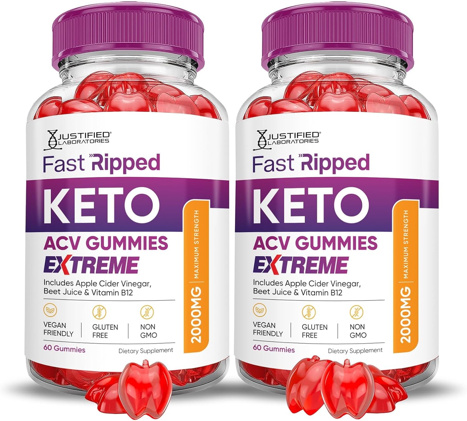 Justified Laboratories (2 Pack Fast Ripped Keto ACV Gummies Extreme 2000MG Fast Ripped Keto Gummies Apple Cider Vinegar Formulated with Pomegranate Beet Juice Powder B12 Vegan Non GMO 120 Gummys