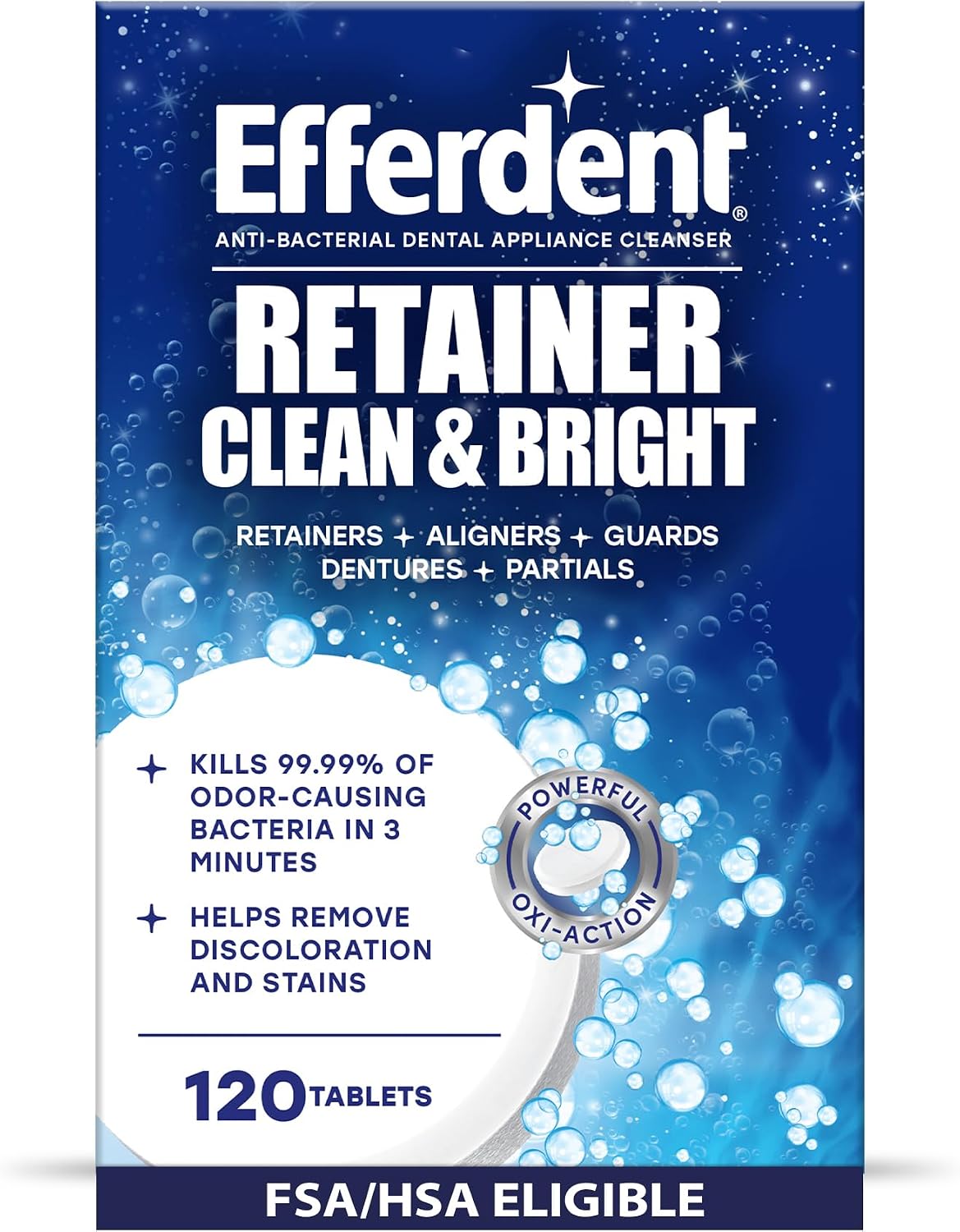 Efferdent Retainer Cleaner Tablets, Clean & Bright, 120 Count