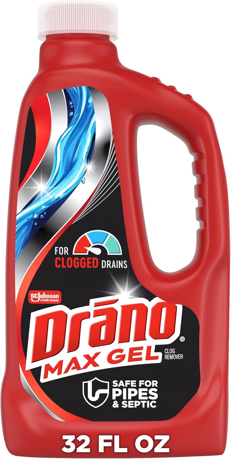 Drano Max Gel Drain Clog Remover & Cleaner, Fast-Acting to Unclog Standing Water & Remove Hair, Grease & Food Blockages, Safe for all Pipes & Septic, Kitchen Sinks, Bathroom Showers & Tubs, 32 Oz