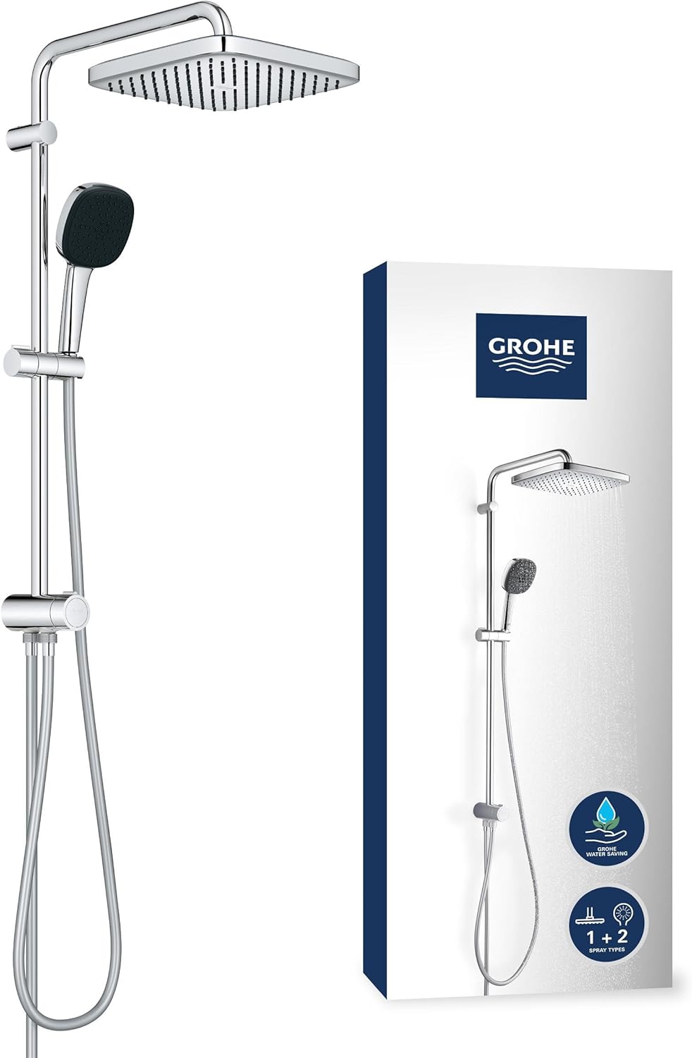 GROHE Vitalio Comfort 250 Flex - Shower System with Diverter (Square 25cm Head Shower 2 Spray Rain & SmartRain, Square 11cm Hand Shower 2 Spray: Rain & Jet, Hose 1.5m, Water Saving), e, 26698001