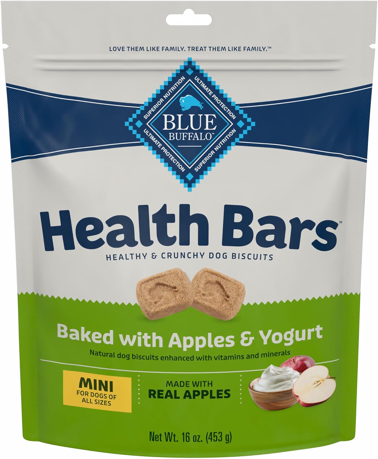 Blue Buffalo Health Bars Mini Crunchy Dog Biscuits, Oven-Baked with Natural Ingredients, Apples & Yogurt, 16-oz Bag