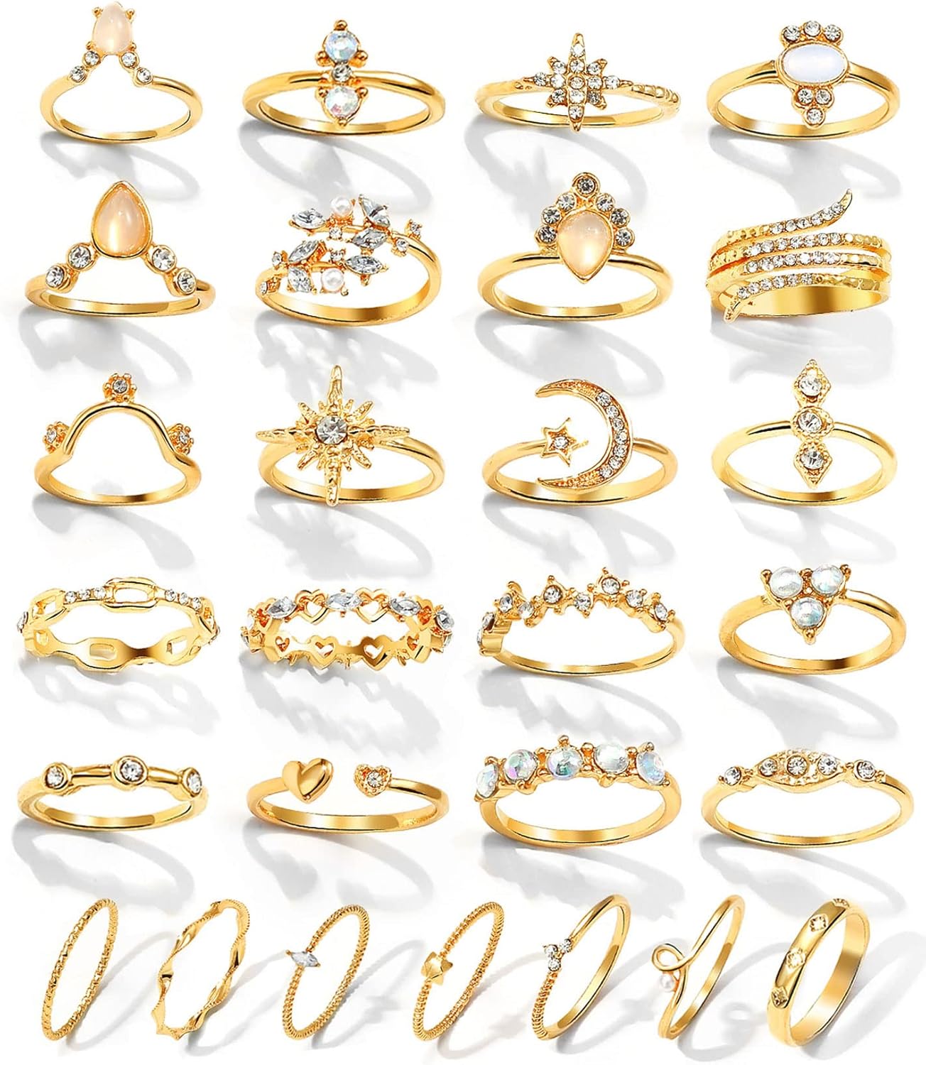 17IF Gold Boho Sparkle Knuckle Rings Set For Women, Vintage Fashion Aesthetic Trendy Joint Snake Ring Pack, Retro Pink Rhinestone Assorted Moon Star Crystal Love Leaf Diamond Pearl Jewelry