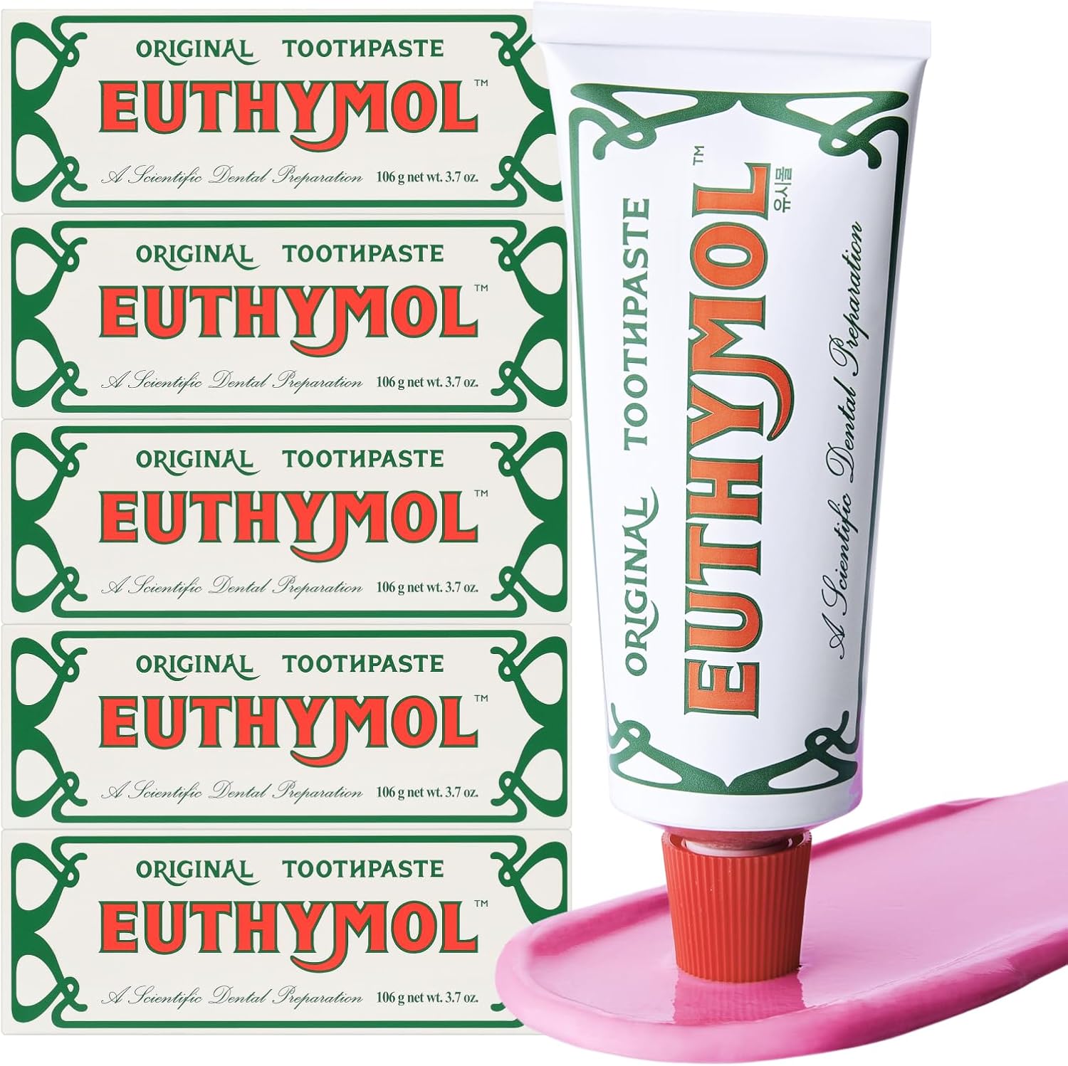 EUTHYMOL Original Toothpaste (3.7fl oz, Pack of 5) - Fluoride-Free Toothpaste for Sensitive Teeth & Gum. Bad Breath, Cavity Prevention, 12-Hour Long Lasting Freshness with Wintergreen.