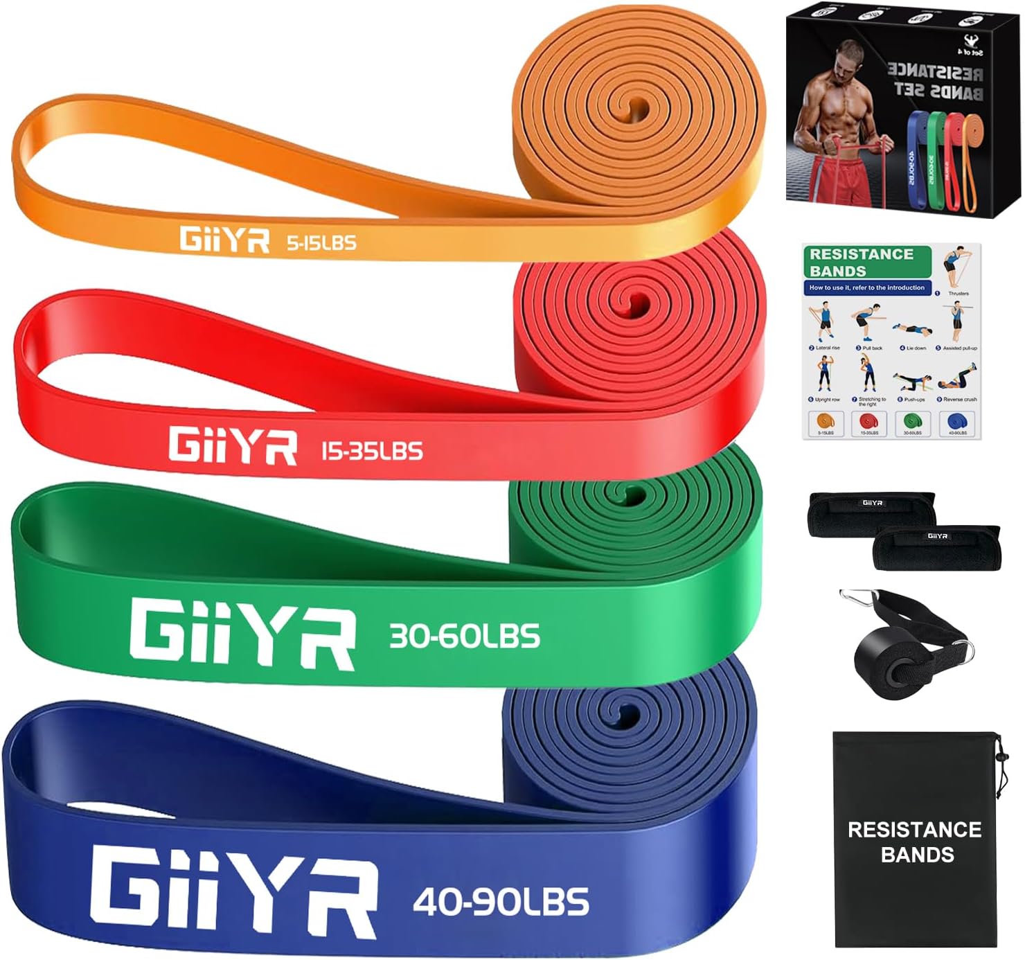 Giiyr Resistance Bands Set for Men & Women - 4 Levels Exercise Band with Door Anchor, Pull Up Bands for Strength Training, Stretching, Powerlifting, Home Workouts, and CrossFit