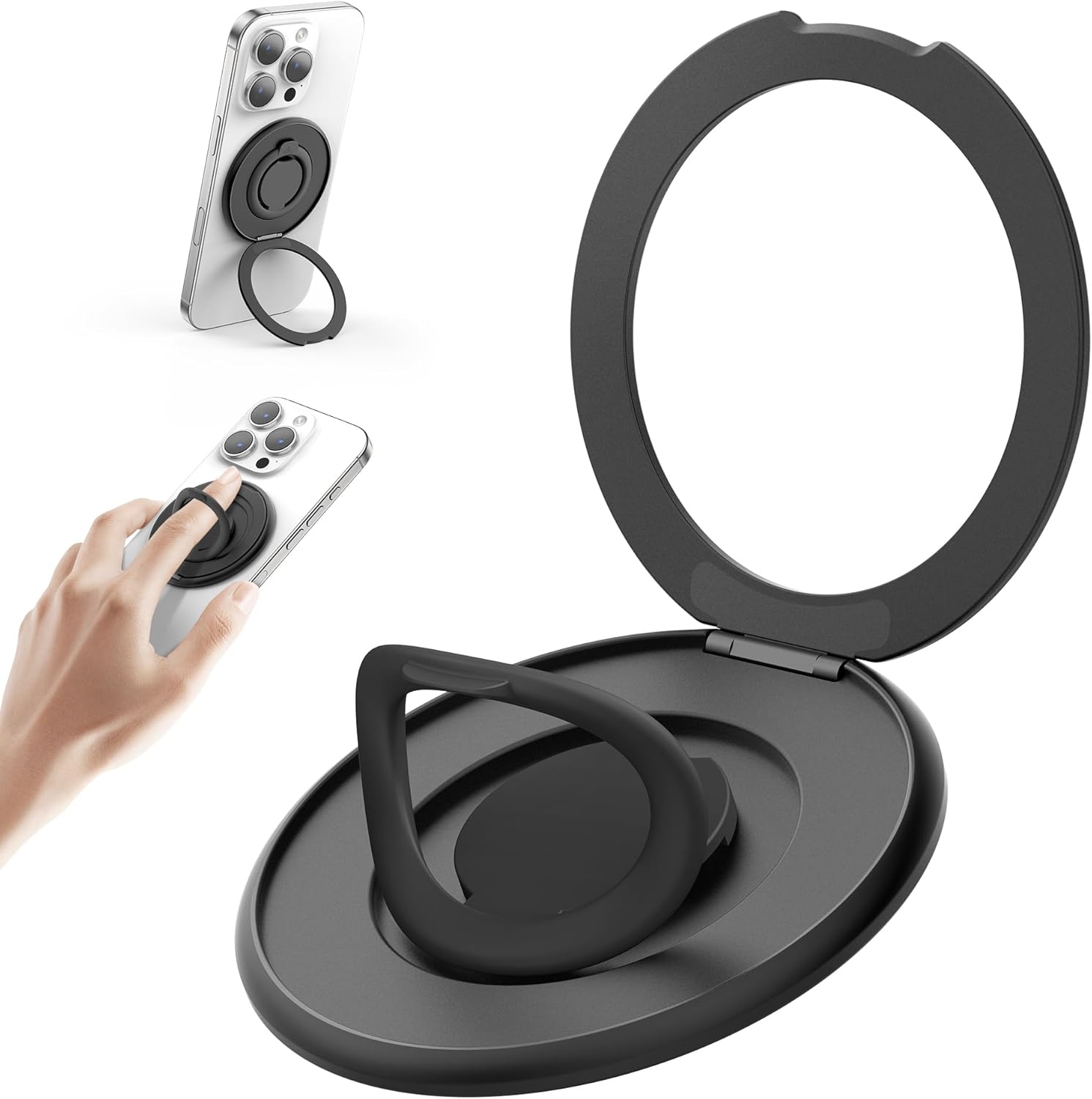 SURPHY Magnetic phone Ring Stand, 360° Rotating & Foldable Silicone Phone Ring Holder Grip for iPhone 16 15 14 13 12, Galaxy S25 Series, Black