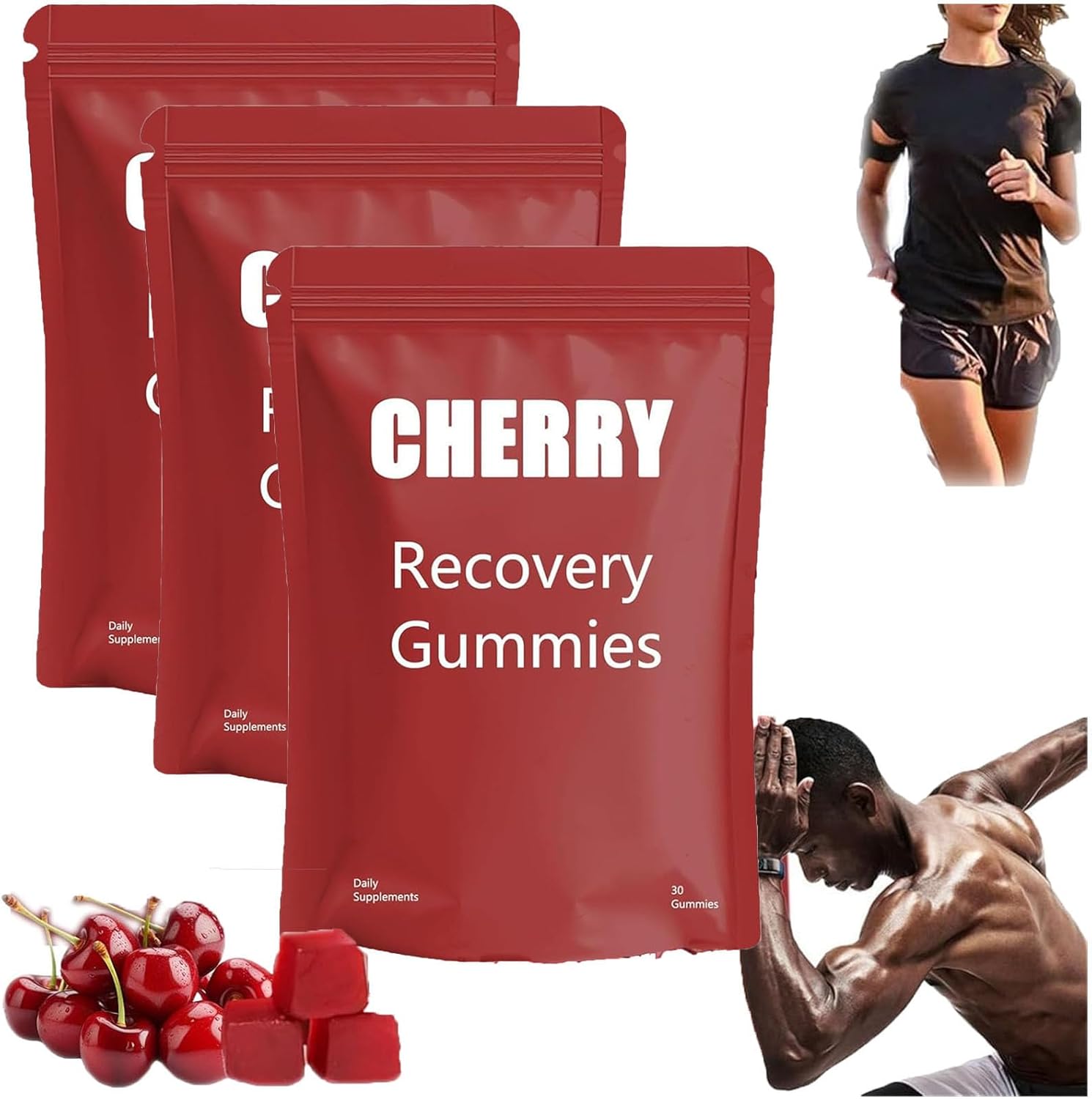Cherry Recovery Gummies, Tart Cherry Gummies - Supports Muscle Recovery, Combats Soreness & Boosts Energy, Non-GMO, Vegan, 30 Gummies Each Pack (3)