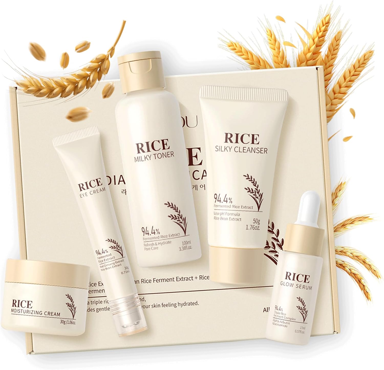 Korean Rice Skincare Set, Glass Skin Care Gift Set, Skincare Kit mit Rice Milky Toner, Glow Serum, Cleanser, Face Cream, Eye Cream, Vegan Gifts for Women, Gentle & Smooth Beauty Sets